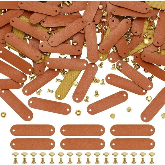 60 Sets PU Leather Tags 0.5x1.8 inch Chocolate Handmade Leather Label with Rivets Oval Blank Tag Embellishment DIY Accessories for DIY handcrafting