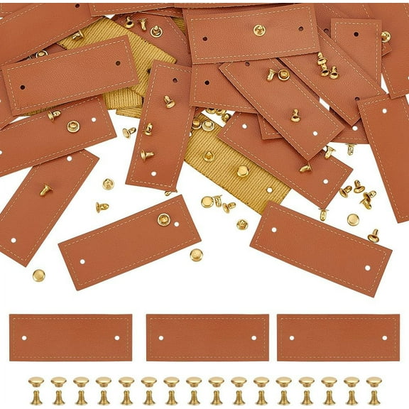 60 Sets PU Leather Tags 0.8x2inch Chocolate Handmade Leather Label with Rivets Rectangle Blank Tag Embellishment DIY Accessories for Jeans Bags Hat for DIY
