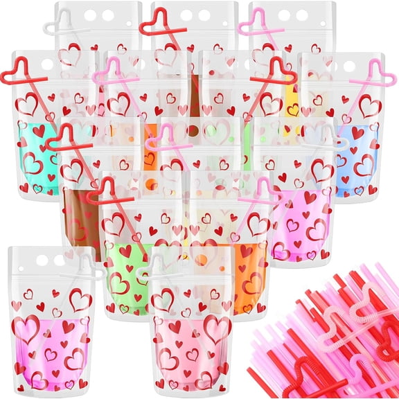 60 Sets Valentine's Day Drink Pouches with Straws 16 oz Heart Drink Pouches for Adults Alcohol Reusable Smoothie Juice Bags Reclosable Alcohol Bags for Valentines Wedding Birthday(Clear)