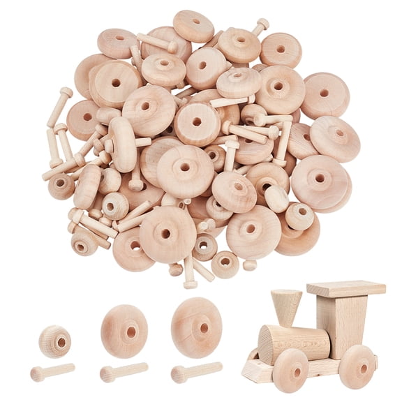 60 Sets Wooden Wheels Set for Crafts 3 Sizes Unfinshed Wooden Wheel Building Blocks Set Mini Wheels with Axle Pegs for Crafts Painting1set