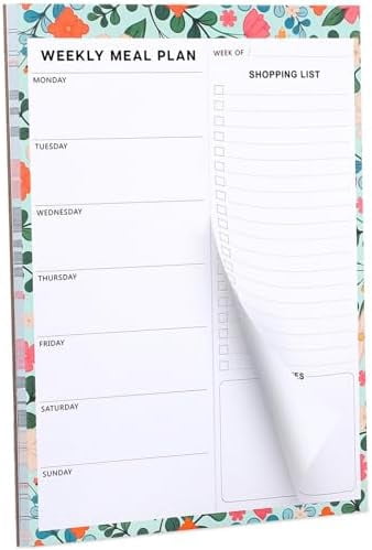 60 Sheet Meal Planner for Fridge, Magnetic Weekly Meal Planner & Grocery List with Tear-off Shopping List for Meal Prep, 7x10''-Flower Design