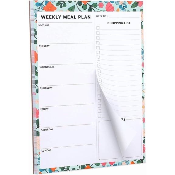 60 Sheet Meal Planner for Fridge, Magnetic Weekly Meal Planner & Grocery List with Tear-off Shopping List for Meal Prep, 7x10''-Flower Design