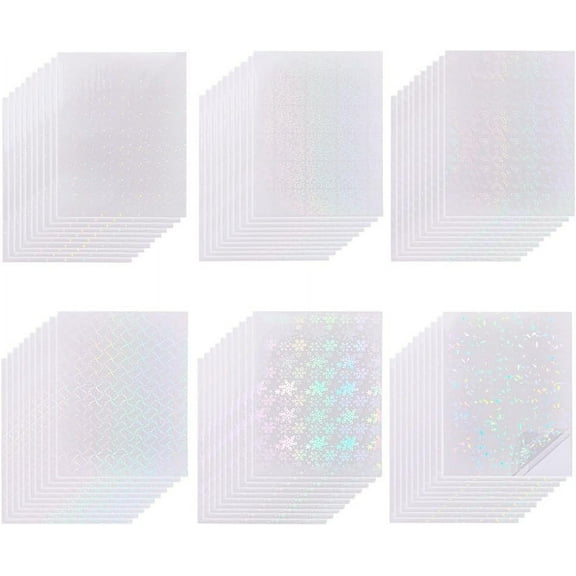 60 Sheets 6 Styles BOPP Plastic Transparent Holographic Lamination Sheets Self Adhesive Photo Protective Transparency Film Rectangle Mixed Patterns 297x212x0.2mm 10 sheets/style