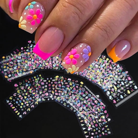 60 Sheets Colorful Flower Nail Art Sticker - 3D Self-Adhesive Cute Flower Nail Stickers Set - Fruit Heart Nails Art Decals Design for DIY Acrylic Manicure Decorations - Women Nails Decals Accessories