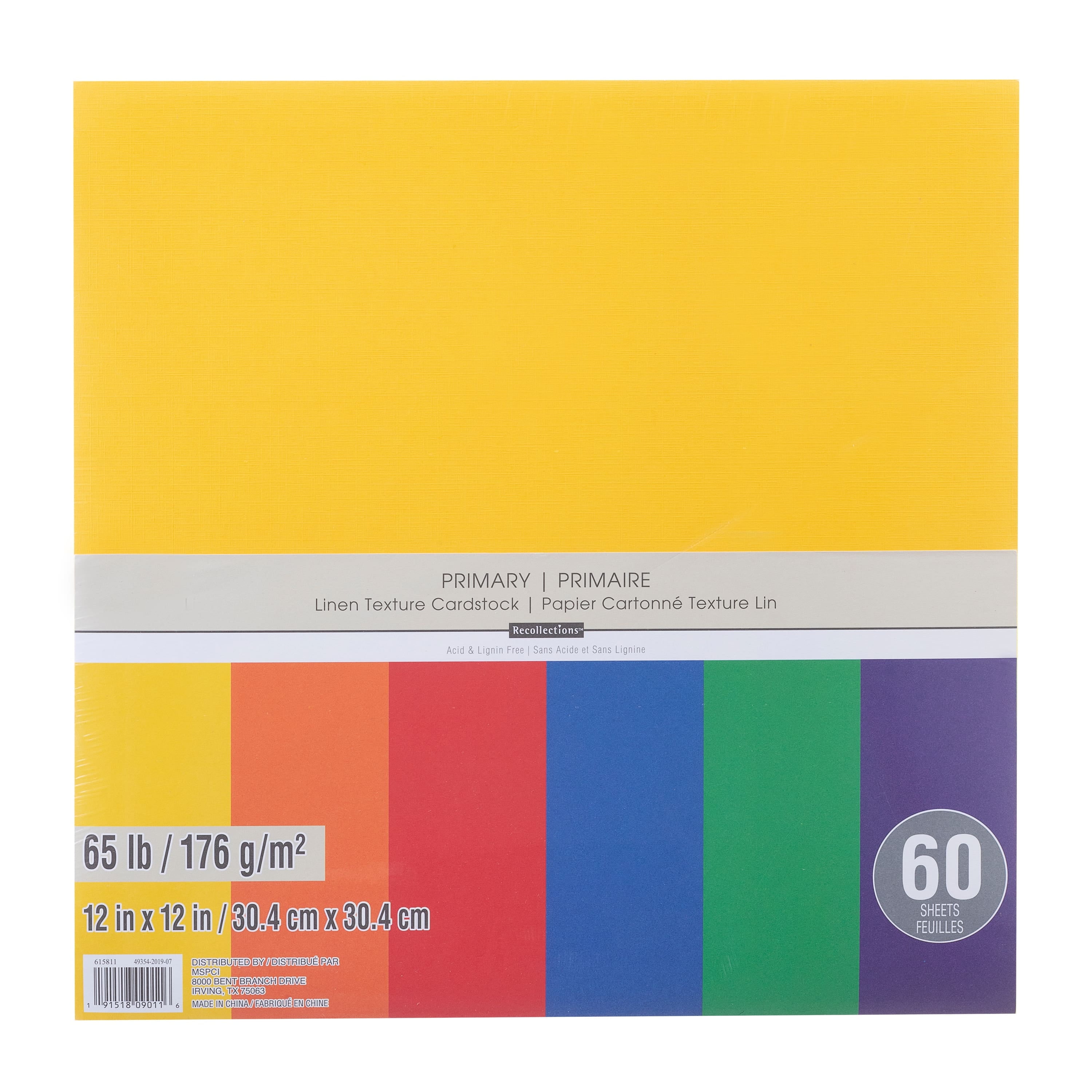 60 Sheets Primary 12” x 12” Linen Texture Cardstock Paper by Recollections - Acid and Lignin Free Paper for Scrapbooks - Arts & Crafts - 1 Pack