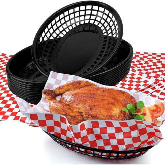 60 Sheets Red Checkered Deli Paper and 12 PCS Plastic Classic Deli Baskets for Easter Birthday Picnics