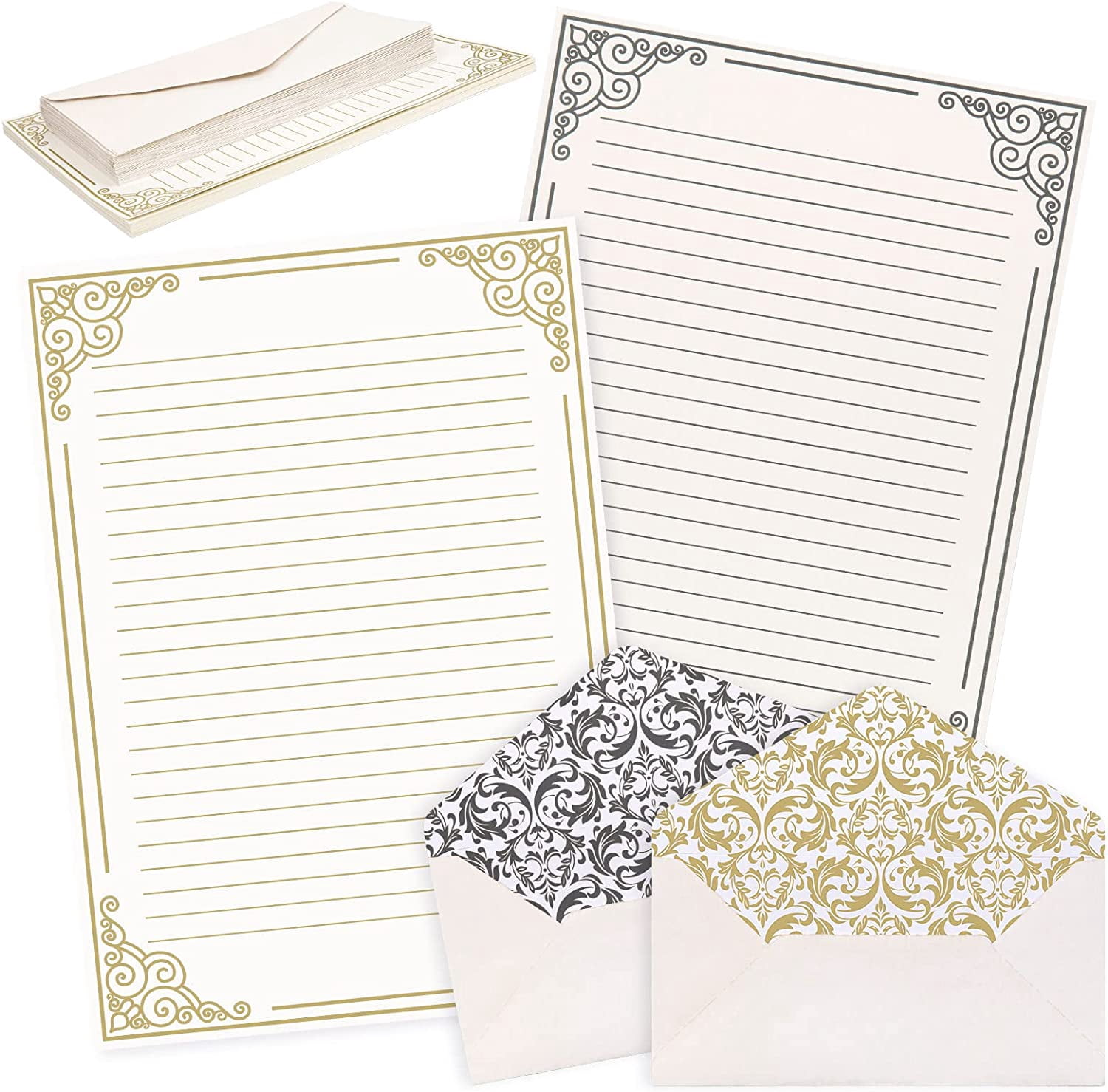 60 Sheets Vintage Stationery Paper with 30Pcs Self-Adhesive Envelopes Gold Black Border Letter Liner Double-Sided Writing Papers for Birthday Wedding Invitation Greeting Cards