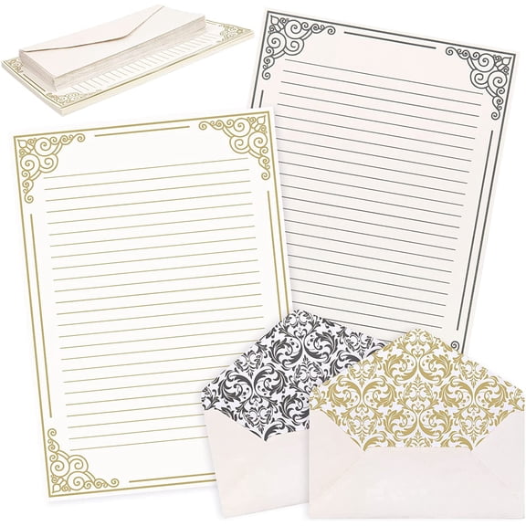 Vintage Stationery Paper 60 Sheets with 30 Self-Adhesive Envelopes, Gold Black Border Double-Sided Writing Paper for Birthday Wedding Invitations Thank You Greetings