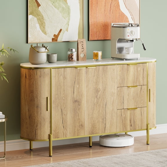 60" Sideboard Buffet Cabinet, Modern Fluted Cupboard with 3 Drawers & Adjustable Shelf - Coffee Bar TV Console for Kitchen, Dining Room, Entryway, Living Room