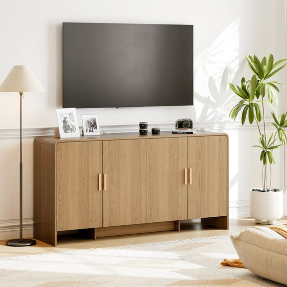 60" Sideboard Buffet Cabinet with Storage & Adjustable Shelves, Farmhouse Curved Design Coffee Bar Cabinet with 4 Doors for Living Room, Kitchen, Hallway, Oak