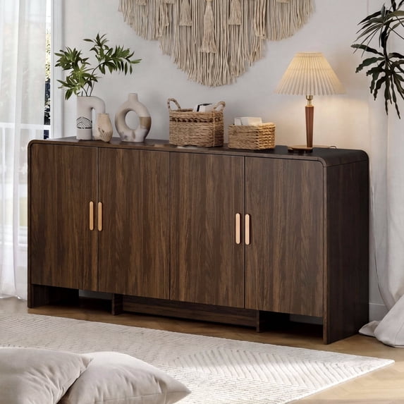 ROGALIS 60" Sideboard Buffet Cabinet with Storage & Adjustable Shelves, Farmhouse Curved Design Coffee Bar Cabinet with 4 Doors,Walnut