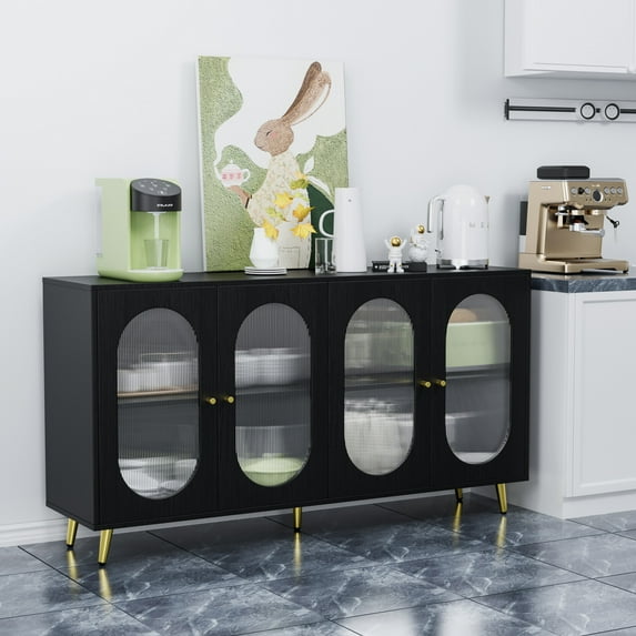 60" Sideboard Buffet Cabinet with Storage, Freestanding Storage Cabinet with 4 Acrylic Doors & Adjustable Shelf, Modern Accent Coffee Bar Cabinet Console Table for Kitchen, Entryway, Black