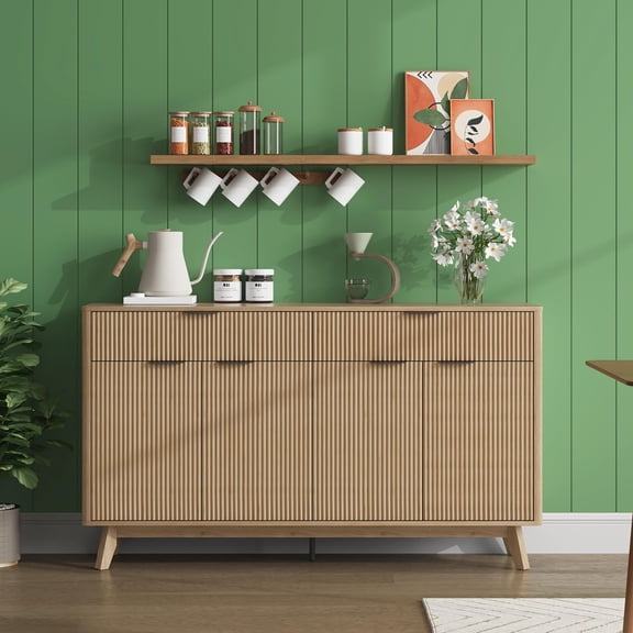 Garvee Buffet Sideboard, 60'' Sideboard Cabinet with 2 Drawers and 4 Wave Doors, Sideboard with Adjustable Shelves, Light Oak