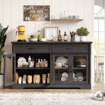 60" Sideboard Buffet Cabinet with 2 Drawers and 4 Glass Doors, Modern Storage Cabinet for Kitchen, Living Room, Off White