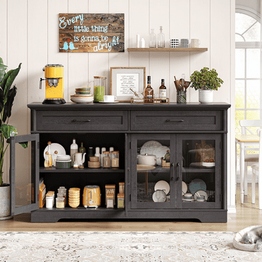 60" Sideboard Buffet Cabinet with 2 Drawers and 4 Glass Doors, Modern Storage Cabinet for Kitchen, Living Room, Off White