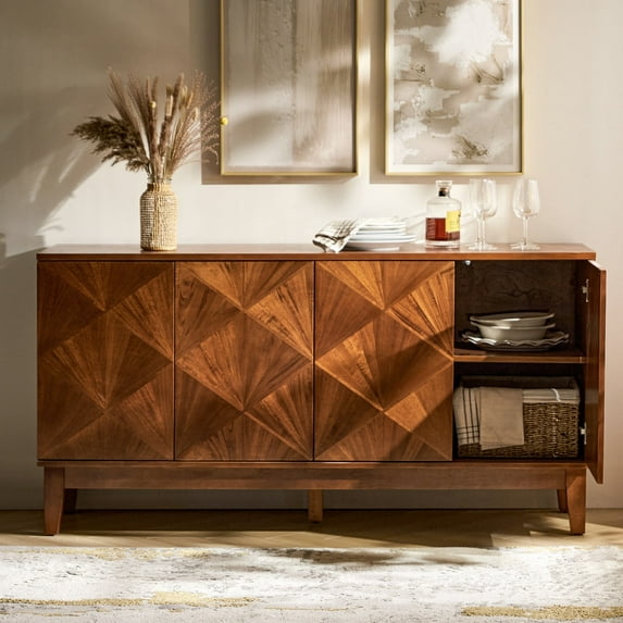 60" Sideboard Storage Cabinet 4 Doors Farmhouse Wooden Credenza TV Stand Kitchen Living Room Walnut