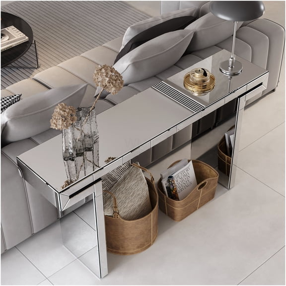 60" Silver Modern Fluted Glass Console Table with Full-Length Mirror, Sofa Table for Entryway, Light Luxury Hallway Accent