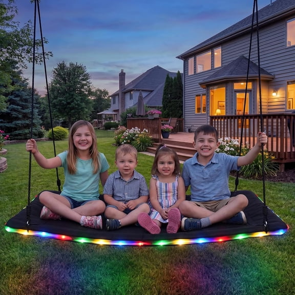 60" Skycurve Platform Tree Swing with LED Lights, 700 lb Capacity Outdoor Saucer Swing with 8 Light Modes, Waterproof 900D Oxford Fabric, Adjustable Hanging Ropes and Straps, Black