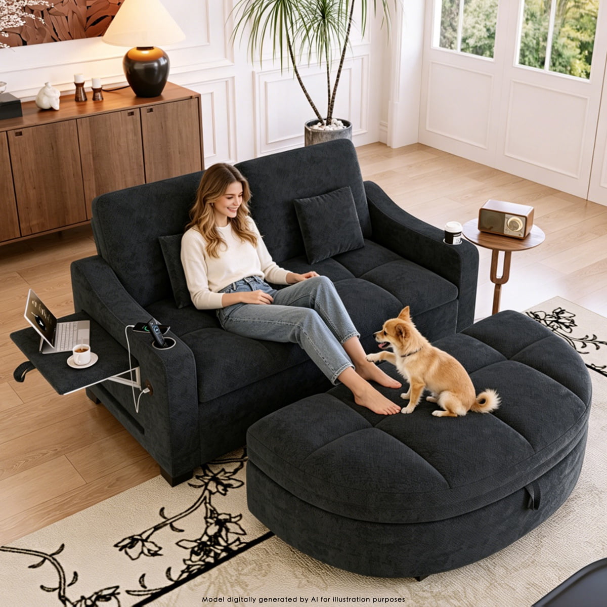 60" Sleeper Sofa Bed,Chenille Convertible Sofa with Storage Ottoman – Recliner with Adjustable Backrest, USB, Table, Cup Holders, 2 Pillows, for Small Spaces, Living Room, RV,Black