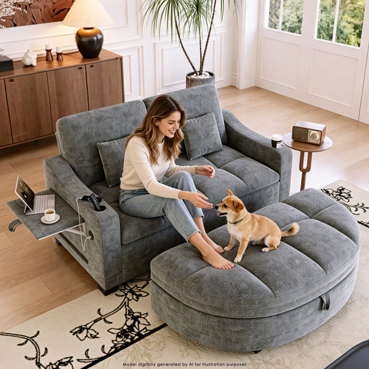 60" Sleeper Sofa Bed,Chenille Convertible Sofa with Storage Ottoman – Recliner with Adjustable Backrest, USB, Table, Cup Holders, 2 Pillows, for Small Spaces, Living Room, RV,Gray