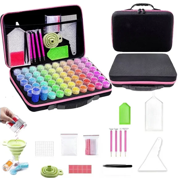 60-Slot Anti-Leak Storage Box for 5D Diamond Painting Kits, Portable Diamond Art Container with 30 Compartments & Pick-Up Pen for Diamond Painting Accessories and Tools, Pink