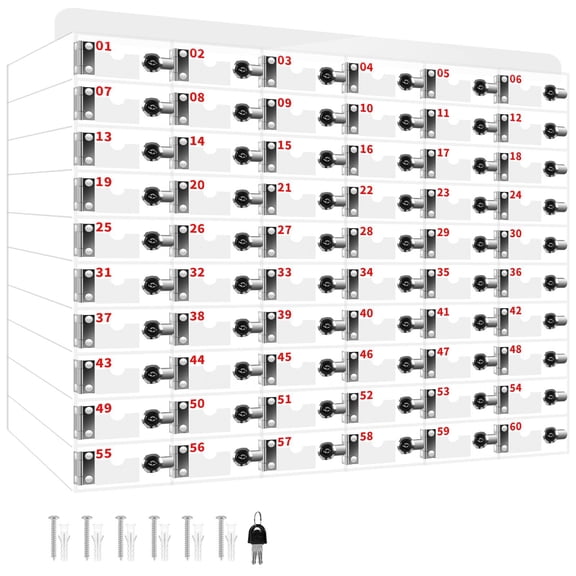 60-Slot Transparent Acrylic Cell Phone Locker Box - 24.4x7.3x20.8in Wall-Mounted Secure Storage with Keys, Lockable Design for Training Centers, Gymnasium, Corporate Offices, Education Facilities