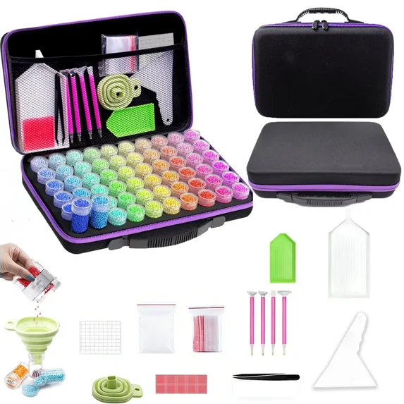 60 Slots Diamond Painting Storage Box with Anti-Spill Design, Portable 5D Diamond Art Kits Organizer for Rhinestone Accessories, Includes Drawing Pen