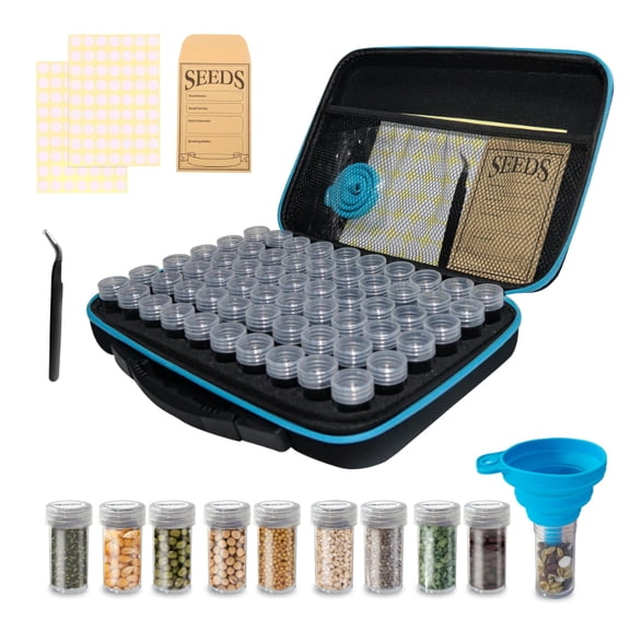 60-Slots Seed Storage Box with 10 Seed Envelopes, Portable Zipper Bag & Complete Accessories Including Labels, Tweezers and Funnel  Seed Organizer for  Vegetables and Flowers. Seeds not included.