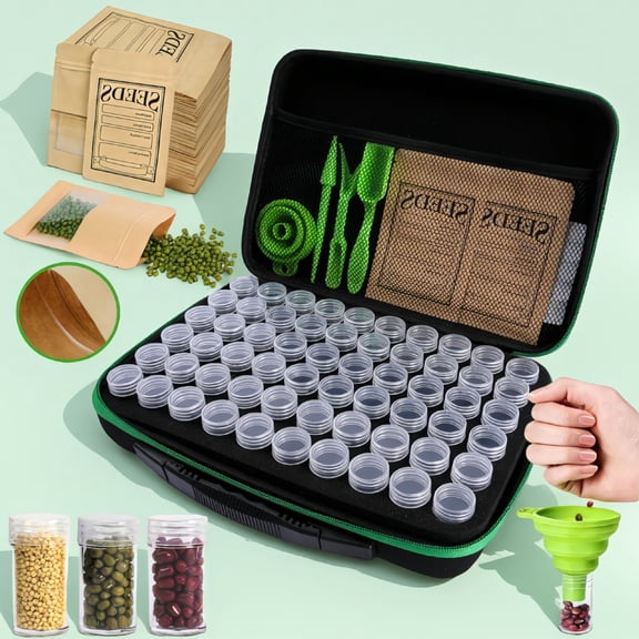 60 Slots Seed Storage Organizer Box with 20 Envelopes and 3 Tools, Sturdy Seed Saving Container Kit for Gardening (Seeds Not Included)