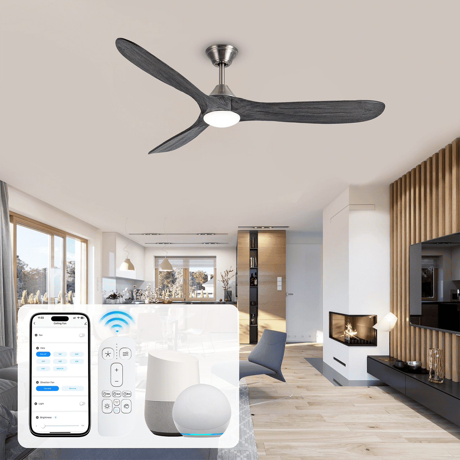 ShreeFindee 60 Inch Solid Wood Ceiling Fan With Light - DC Motor, Remote, Dimmable LED, For Indoor & Outdoor Covered Areas