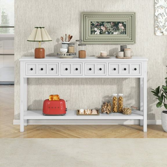 60" Solid-Wood Entryway Table, Rustic Console Table with 2 Different Size Drawers, Living Room Table with Bottom Storage Shelf for Living Room, Hallway & Bedroom (Antique White)