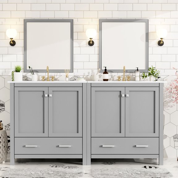 60" Solid Wood+MDF, Grey - Pure White Embedded Sink - Bathroom Makeover - Enhanced Appearance
