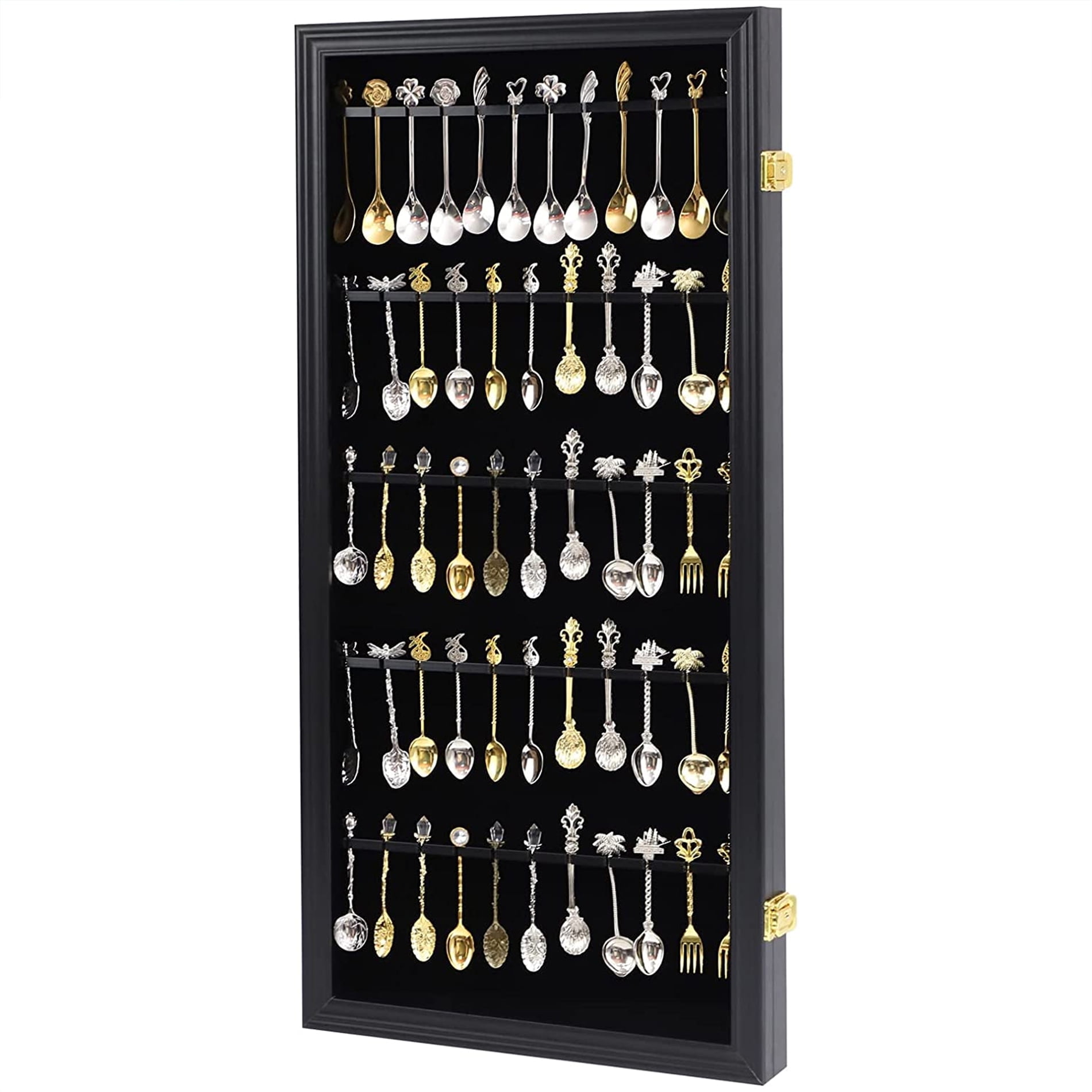 60 Souvenir Tea Spoon Display Case Collection Collector Rack Wall Mount Wooden w/98% UV Acrylic Door Lockable(Black)