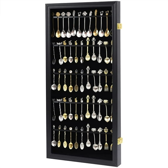 60 Souvenir Tea Spoon Display Case Collection Collector Rack Wall Mount Wooden w/98% UV Acrylic Door Lockable(Black)