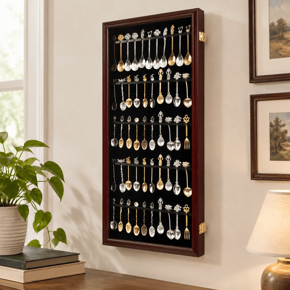 60-Spoon Capacity - Cherry Wooden Wall Mount Lockable Collectible Spoon Display Case