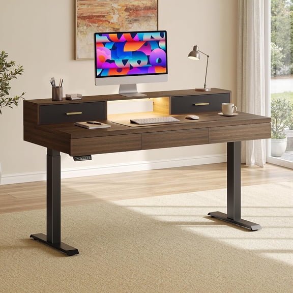 60" Standing Desk, Electric Adjustable Home Office Desk, One-Piece Desktop, Built-in Charging, Motion Sensor LED, Monitor Stand, Black Walnut