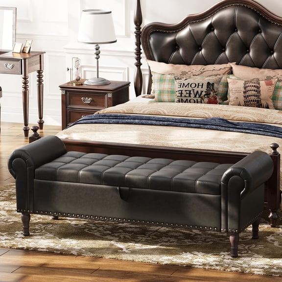 60" Storage Bench, Queen Faux Leather Tufted Ottoman with Rolled Arms & Vintage Rivets for Bedroom, Living Room, Entryway, Black