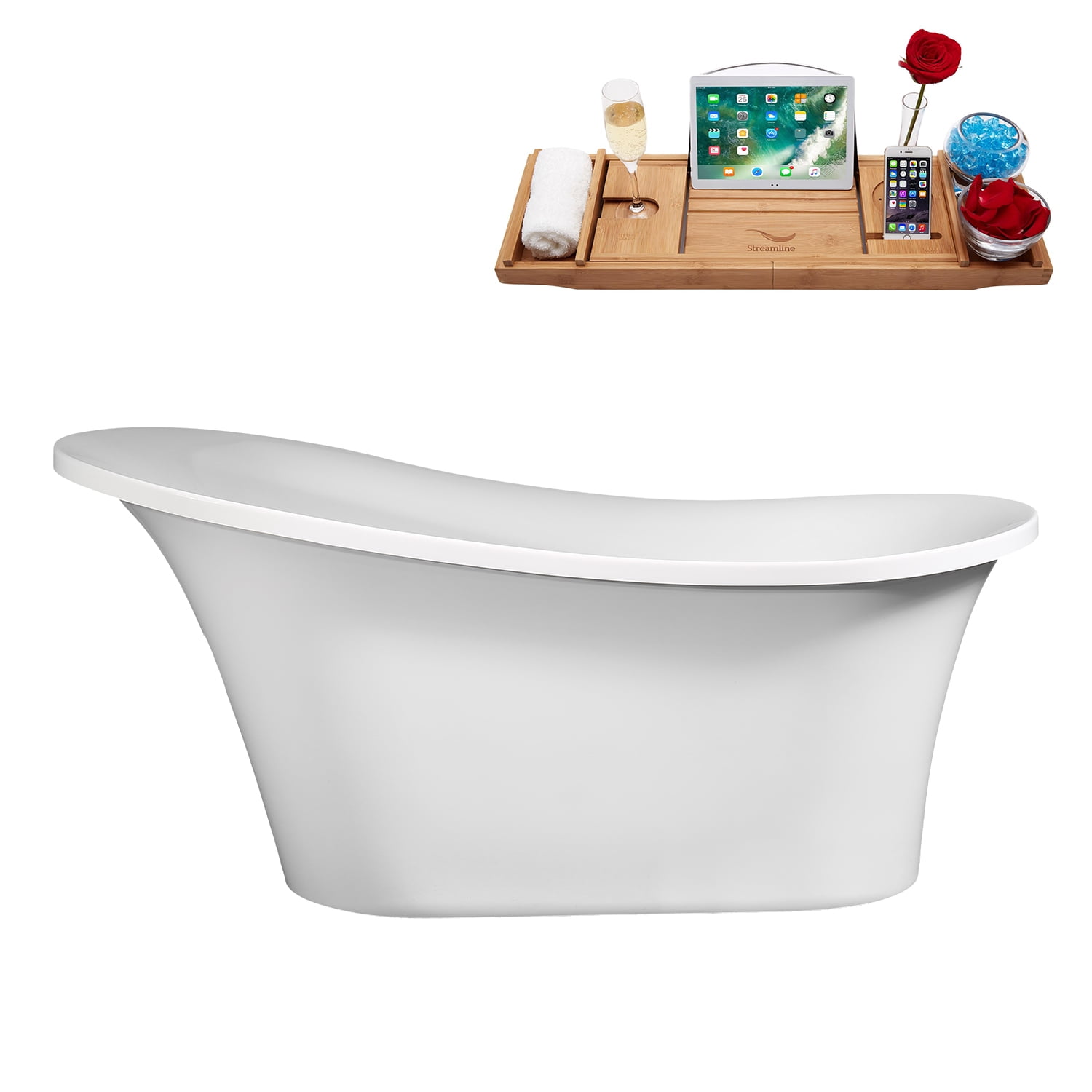 60" Glossy White Acrylic Freestanding Double Slipper Tub with Brushed Nickel Drain
