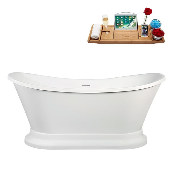 60" Streamline B-496-226-CH Soaking Glossy White Freestanding Tub and Tray With Internal Drain in Polished Chrome