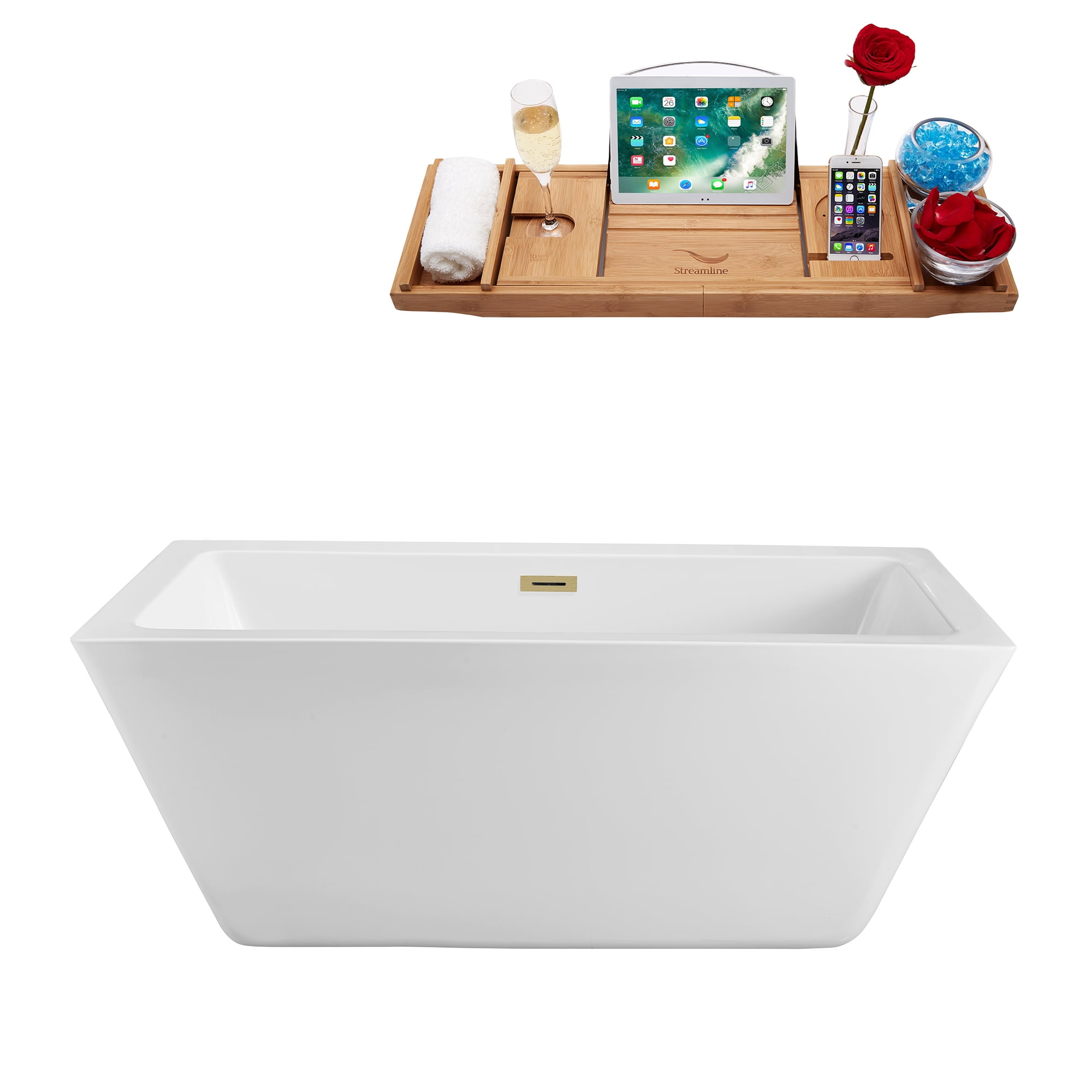 60" Glossy White Acrylic Freestanding Soaking Tub with Brushed Brass Drain