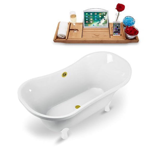 60" Streamline N900WH-GLD Clawfoot Tub and Tray With External Drain