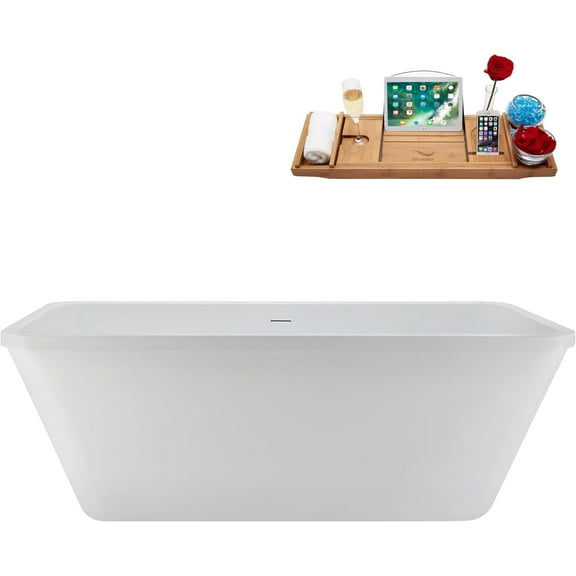 60" Streamline NPC5760WH Soaking Glossy White Freestanding Tub and Tray With Internal Drain in Glossy White