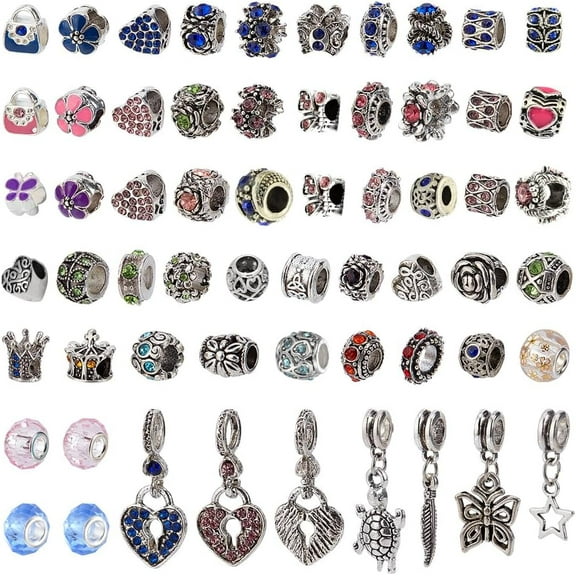 60 Styles Large Hole European Lampwork Beads Murano Glass Beads Rhinestone Spacers Metal Dangle Pendant Charms