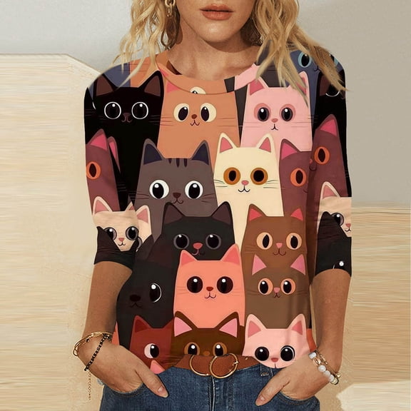 TOPUUTP 3/4 Sleeve Tops for Women Under $5 Summer Casual Spring Cute T-shirts Round Neck Animals Print Loose Fit Trendy Basic Tees Blouses Orange S