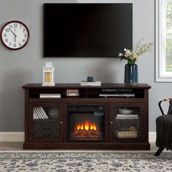 60" TV Stand for TVs up to 65 inch, with Fireplace, Retro Farmhouse TV Cabinet with Storage, Fireplace TV Stand for Living Room, Entertainment Center TV Cabinet, Brown, D7511