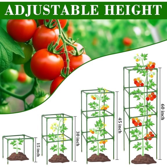60" Tall 4 Pack Adjustable Tomato Cages | Heavy Duty Square Garden Trellis with 40 Clips, Outdoor Climbing Plant Support for Vegetables Flowers