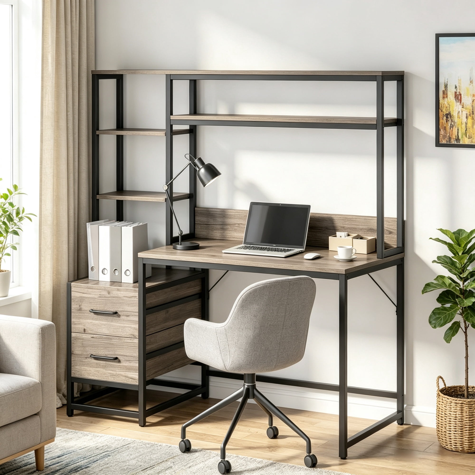 60" Tall Computer Desk with 2 Drawers and Open Storage Shelves