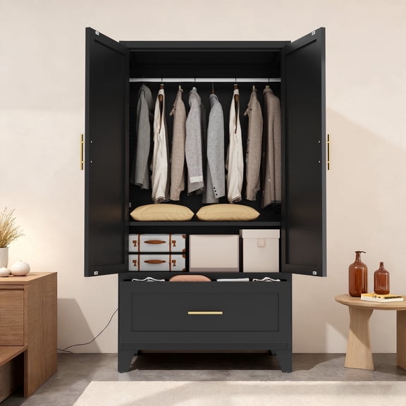 60" Tall Metal Wardrobe Cabinet with 2 Drawers for Bedroom, Guesthouse, Office and Laundry Room, Black