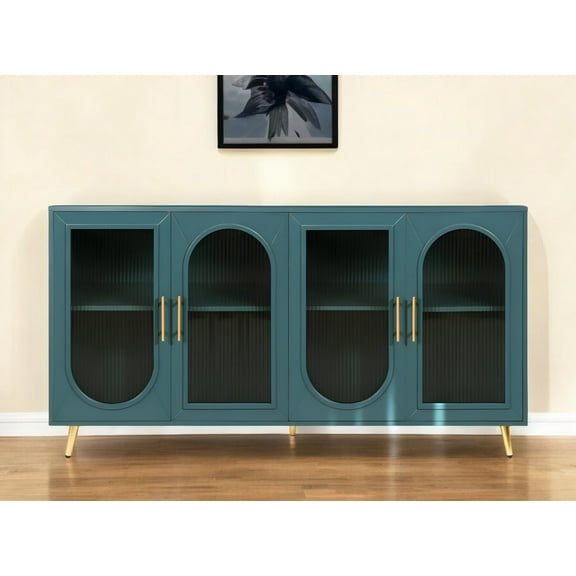 HomeRoots 568416 60 in. Teal Blue Ribbed Texture Sideboard with Four Doors