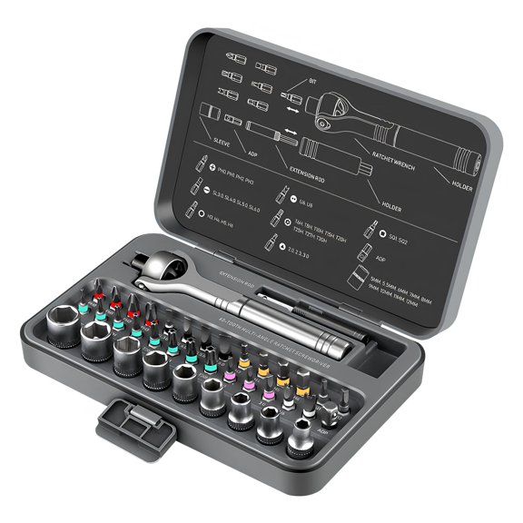 60-Tooth 180 Ratchet Screwdriver Set, 40-in-1 Magnetic Tool Kit with 28 S2 Bits 9 CR-V Sockets, Ergonomic Handle Portable Repair Tool for Electronics Computer Bike DIY Home
